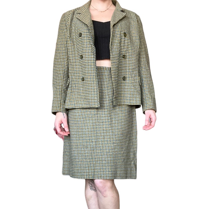 Vintage '70s Century of Boston Houndstooth Tweed Wool Skirt Suit 30 Waist