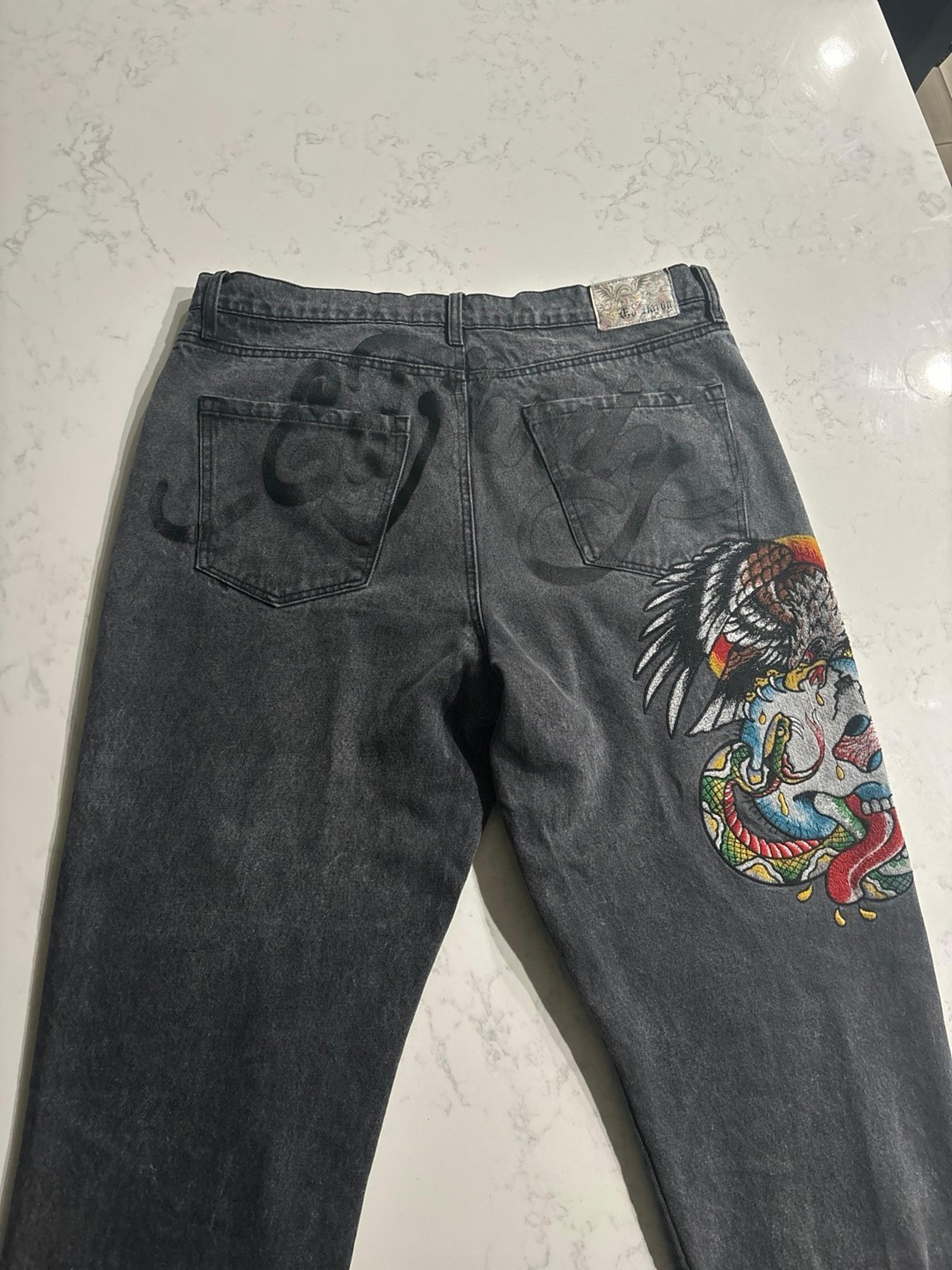 Ed Hardy Loose Fit Jeans Black/Gray Eagle Skull Serpent Embroidered Size 38
