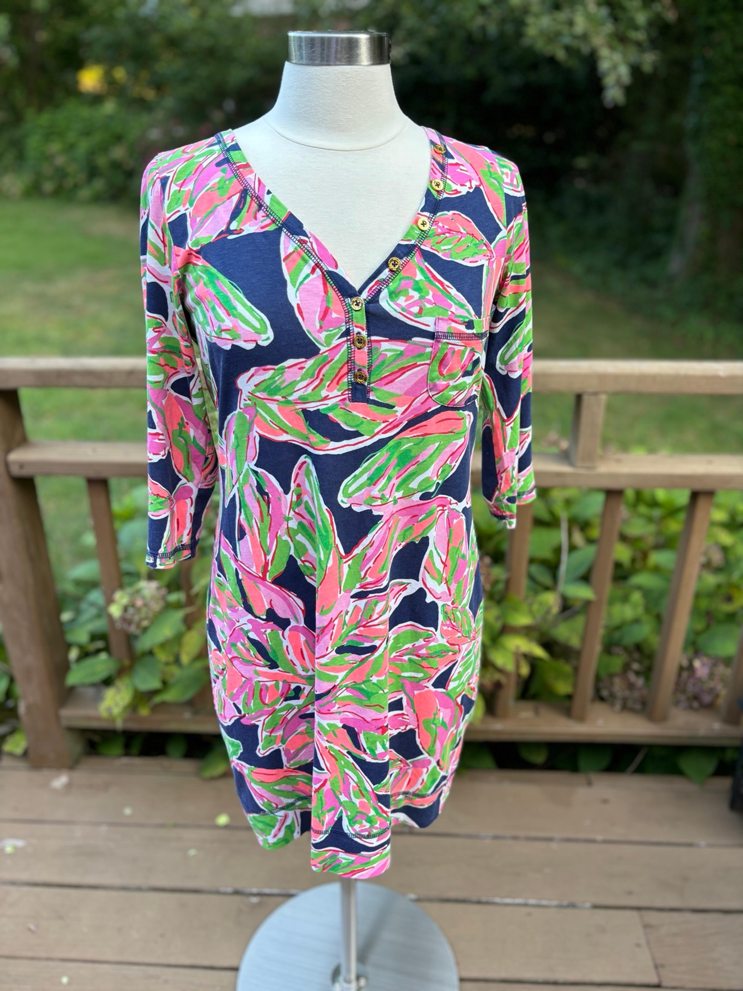 Lilly Pulitzer Cotton Knit Shift Dress, Navy, Pink, Green Leaf print, Size M