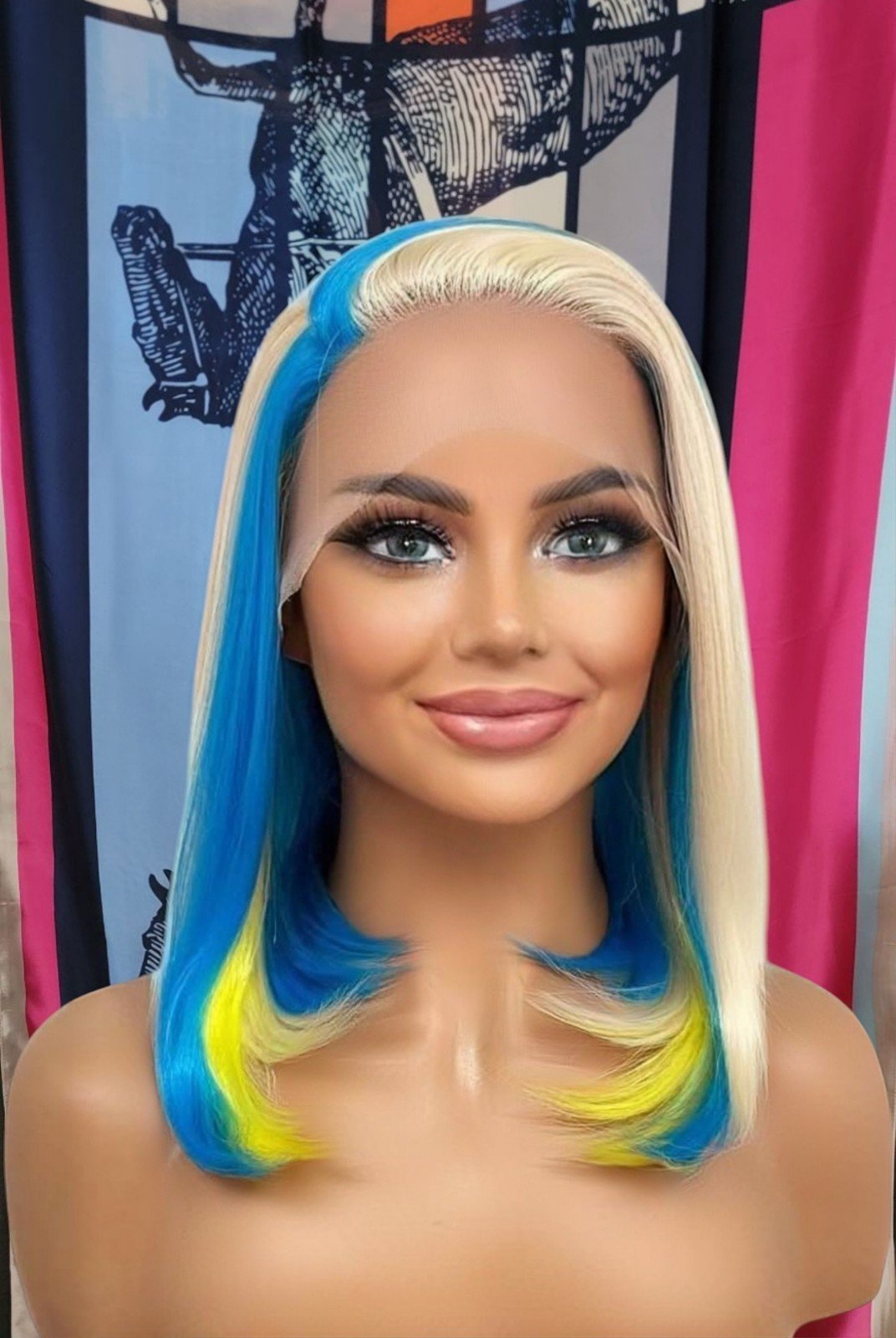 Wowfactor yellow blue freepart bob lace front wig human blended natural looking