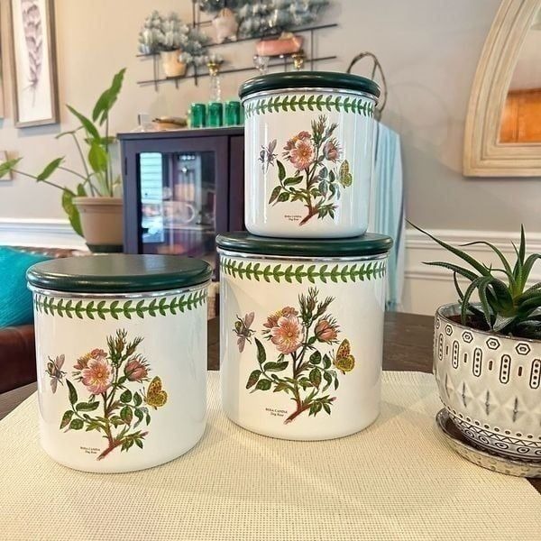 Portmeirion Botanic Garden Dog Rose 3 Pc-S-M-L Metal Canisters & Wood Lids RARE