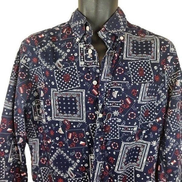 Gitman Bros Vintage Shirt M Blue Paisley Geometric Bandana Nautical Print Blue