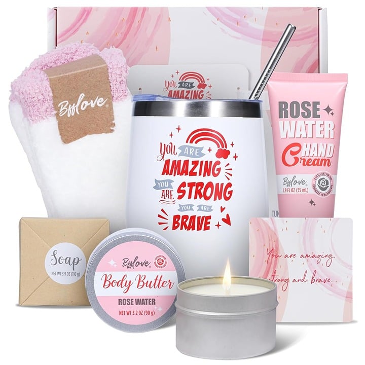 Amazing, Strong and Brave Rose Water Spa Gift Set with Socks & Tumbler