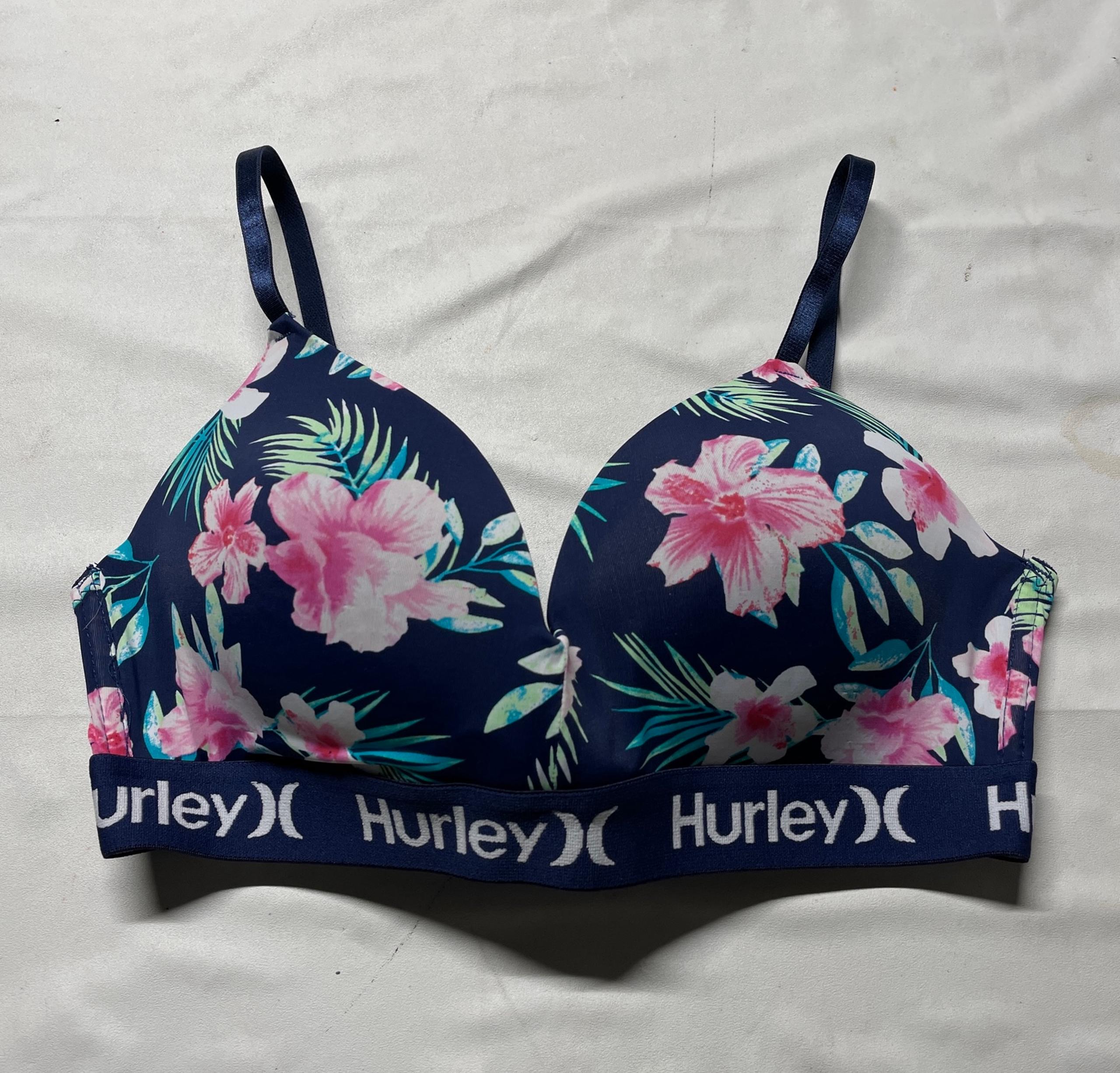 Hurley Sports Bra Size 34C Floral Padded Lined Wireless Adjustable Blue Flowers
