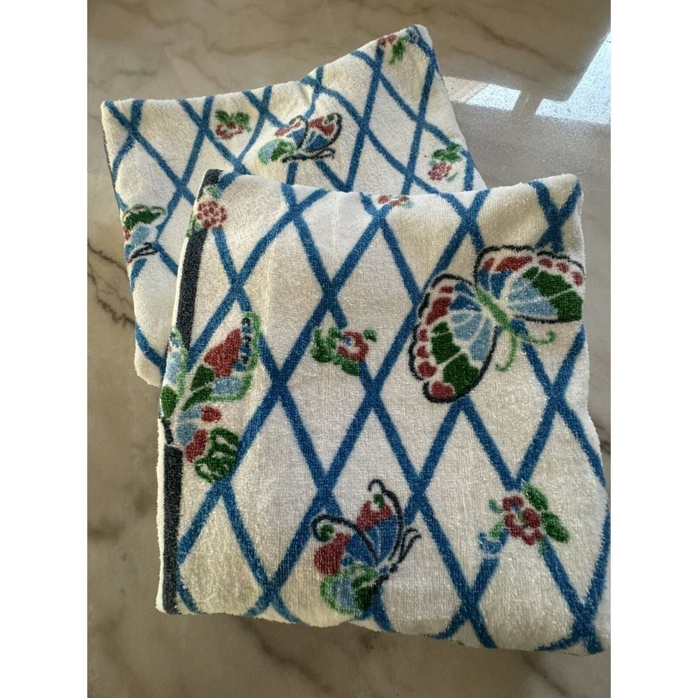Vintage Bath Towel Stevens Utica Fine Arts Butterflies MCM Set Of 2 Blue Brown
