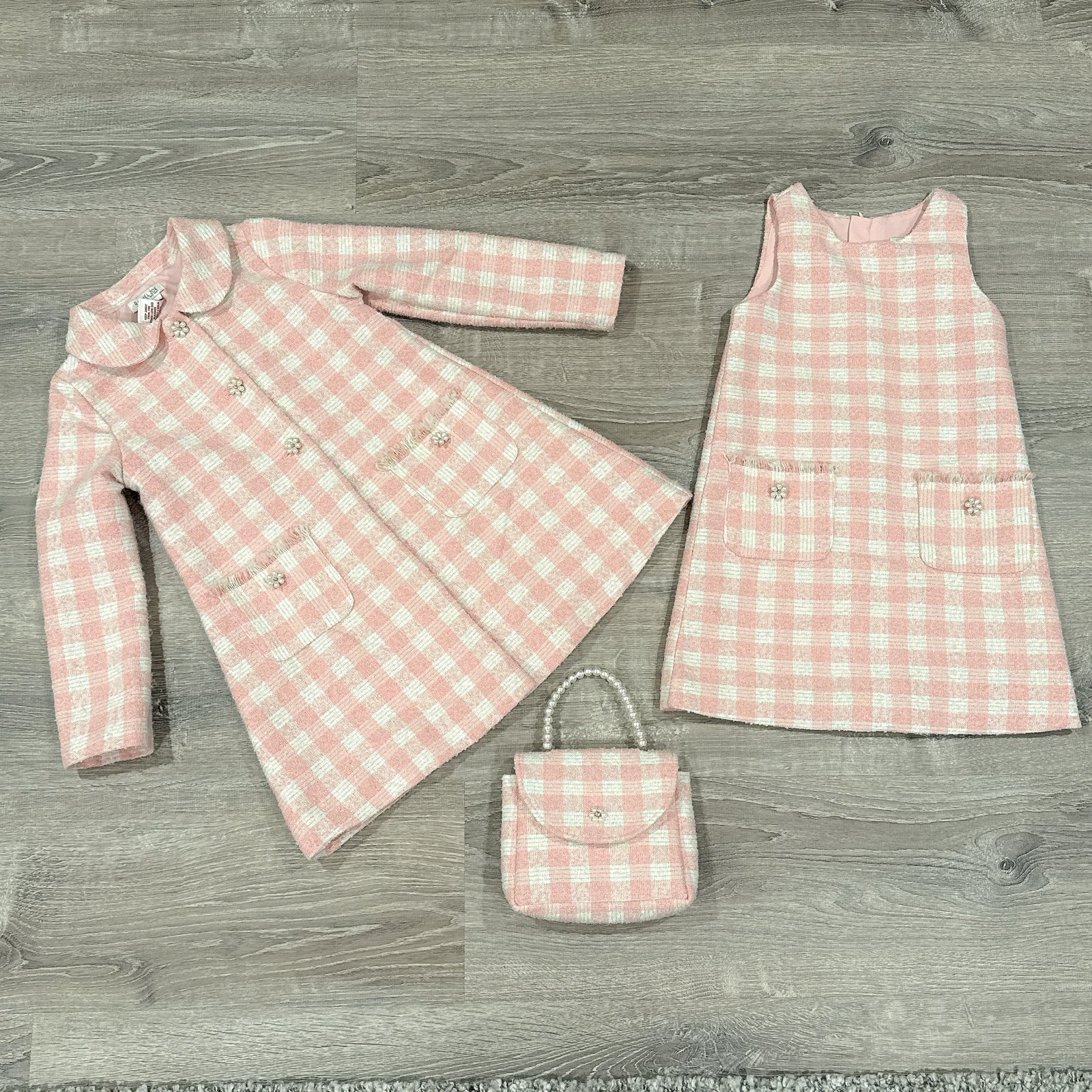 Like New Rachel Zoe girl jacket dress set pink tweed coco chanel look inspired