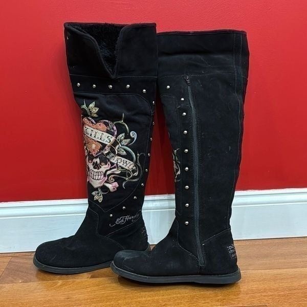 Ed Hardy Women's Women's Love Kills Fur Boots Black Knee-High size 9