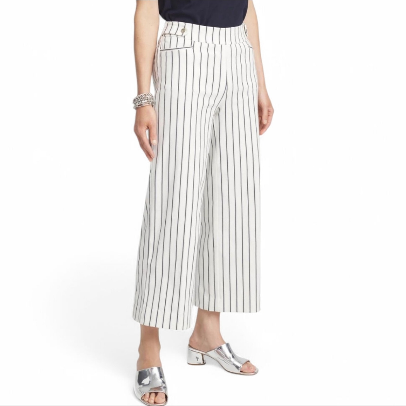 Brigitte Double Stripe Wide Leg Cropped Pants Size 10 R White Navy