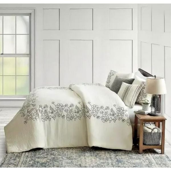 3-Pc Bee & Willow Full-Queen Comforter Set Floral Embroidered Frame Shabby Chic