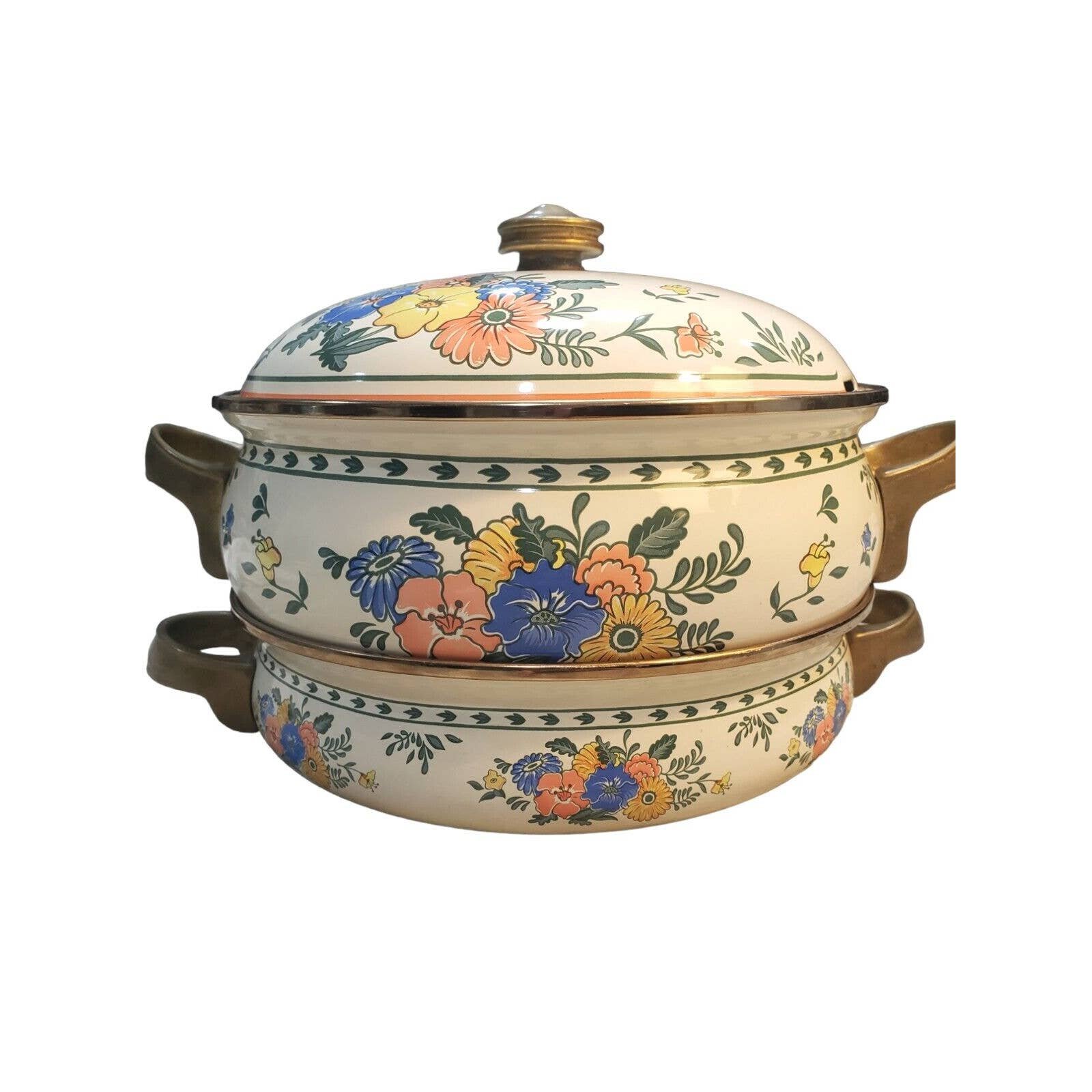 M Kamenstein Dutch Oven Cookware Set Enamel & Brass 3 Piece Floral 1981 MCMLXXXI
