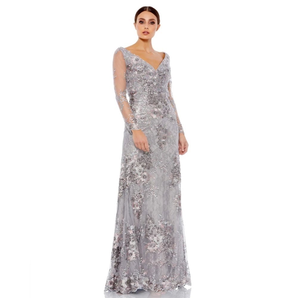 Size Mac Duggal 67539 NWT EMBELLISHED V NECK ILLUSION LONG SLEEVE GOWN