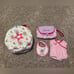 American Girl Bitty Baby Bundle Paisley Case Outfit Bib Pink Purple Wristlet