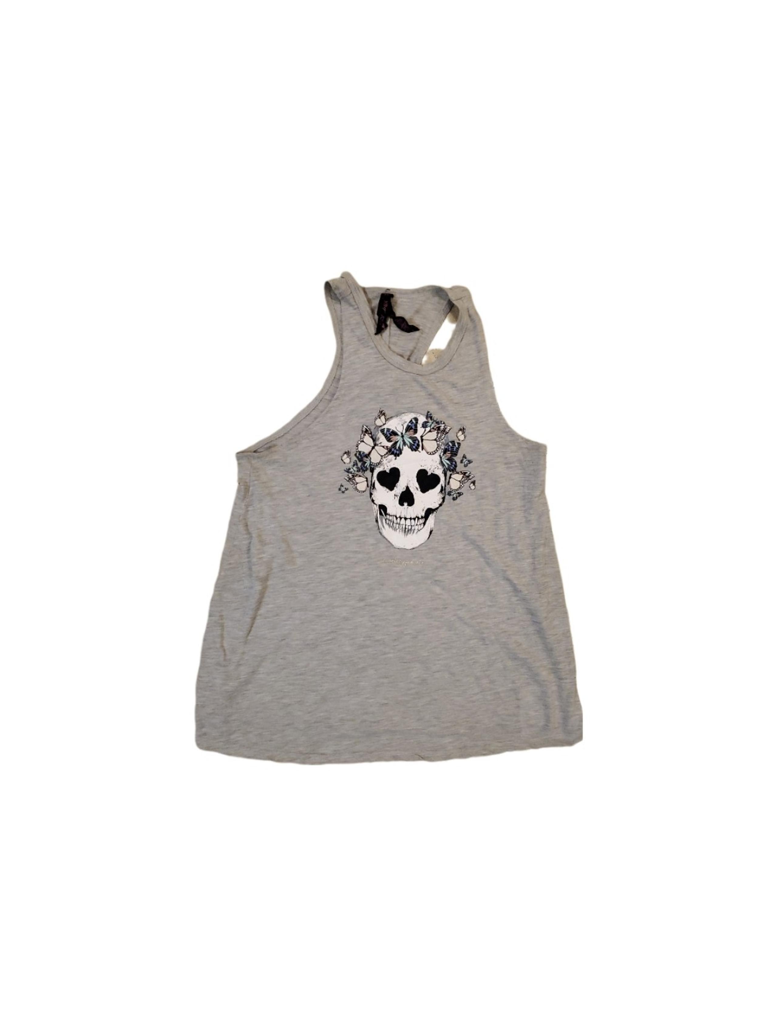 Betsey Johnson Women's Gray Skull Floral Flowy Tank Top Small