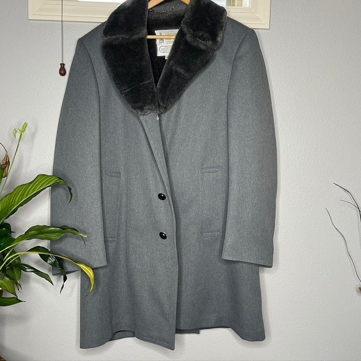 Men London Fog Faux Fur Collar Gray Vintage Peacoat 42R