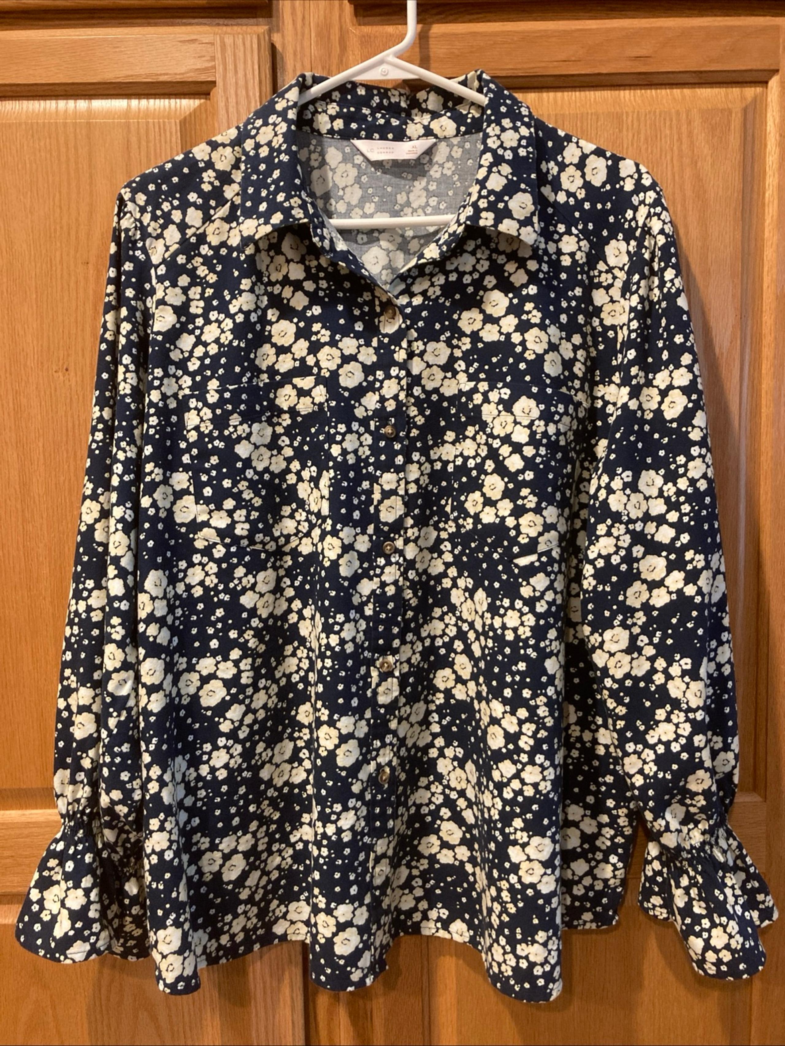 LC LAUREN CONRAD BLOUSE XL NAVY YELLOW FLORAL POCKETS ELASTIC LS COTTON WOMENS