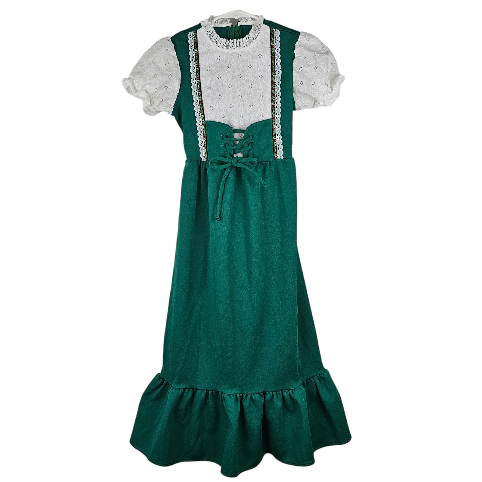 Vintage JCPennys childs green maxi peasant boho dress eyelet lace size 8