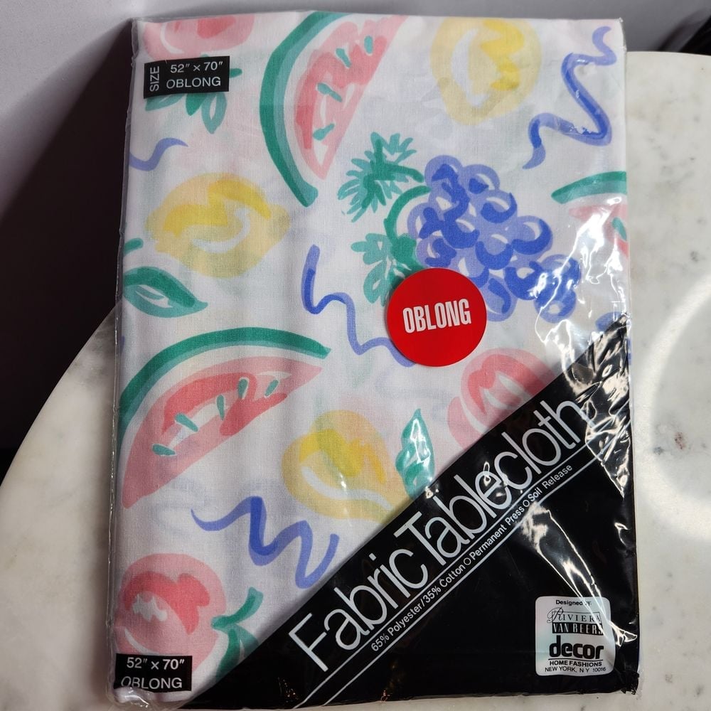 Neon Pastel Fruit 90s Fabric Tablecloth Vintage Oblong 52 x 70 NEW Poly Cotton