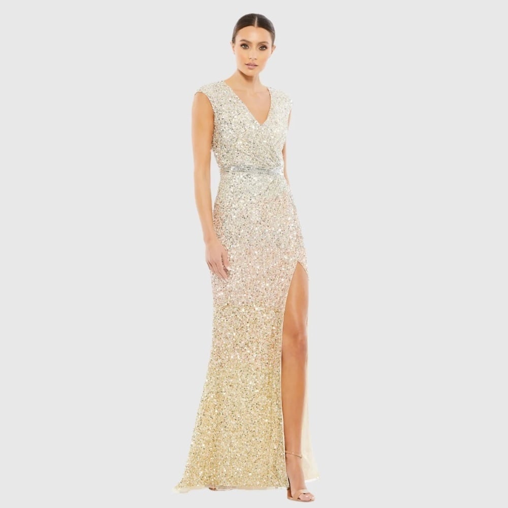 Size 4 Mac Duggal 5489 NWT Cap Sleeve Sequined High Slit Gown