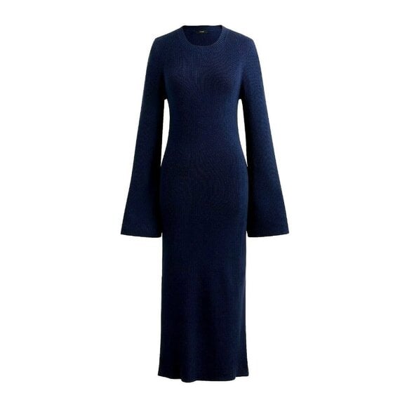NWT J.Crew Ribbed Knit Midi in Navy Blue Stretch Long Flare Sleeve Dress XS