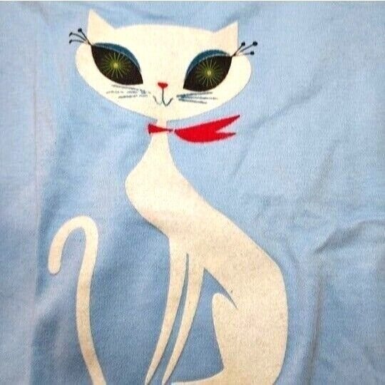 Vintage French Kitty by Mighty Fine Womens Top, Blue, White Cat, Small