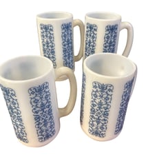 Vintage (4) Embossed Blue Flower Scroll Milk Glass Mugs Tall Handle Pyrex