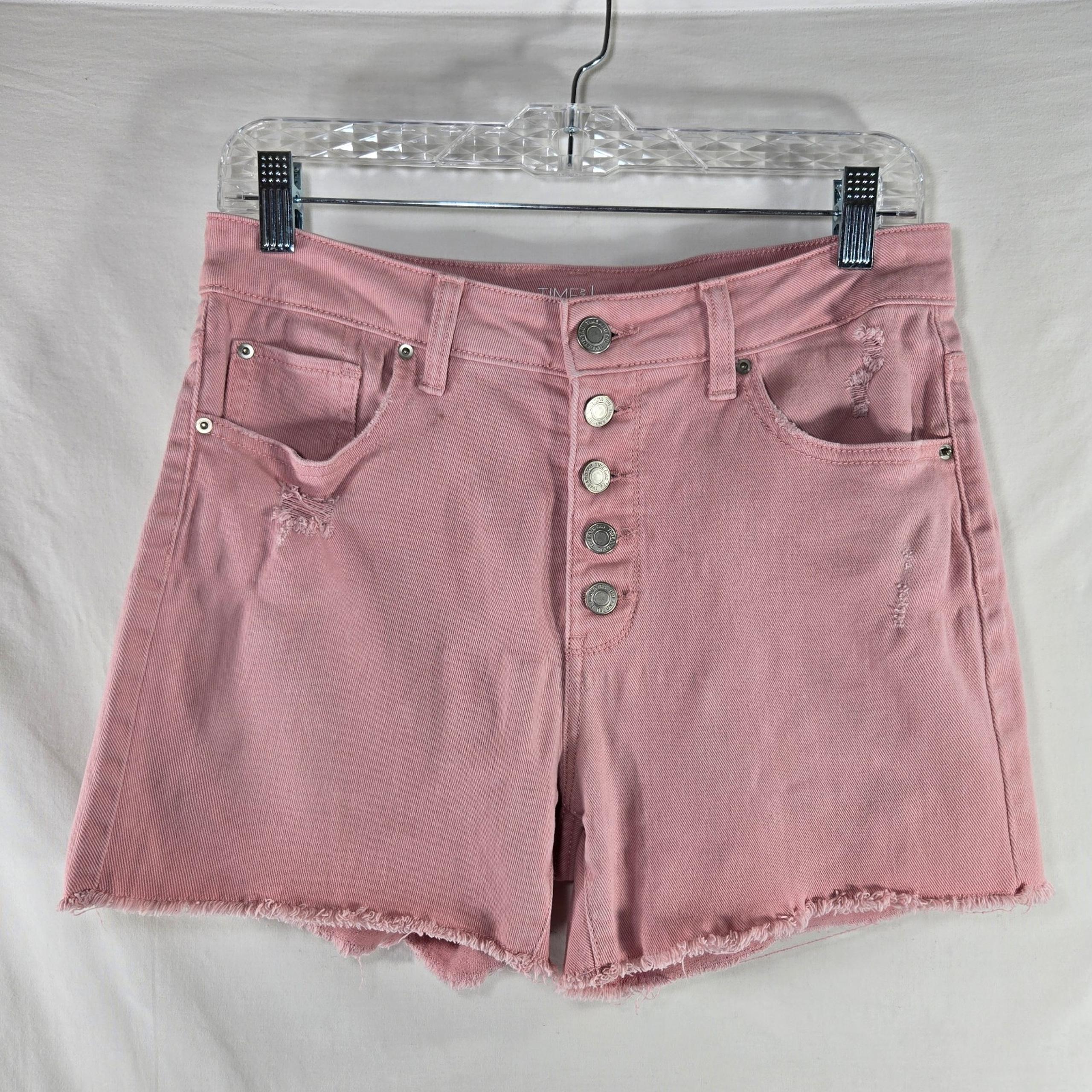 Time and Tru Jean Shorts Pink Womens 8 High Rise Button Fly Raw Hem Distressed