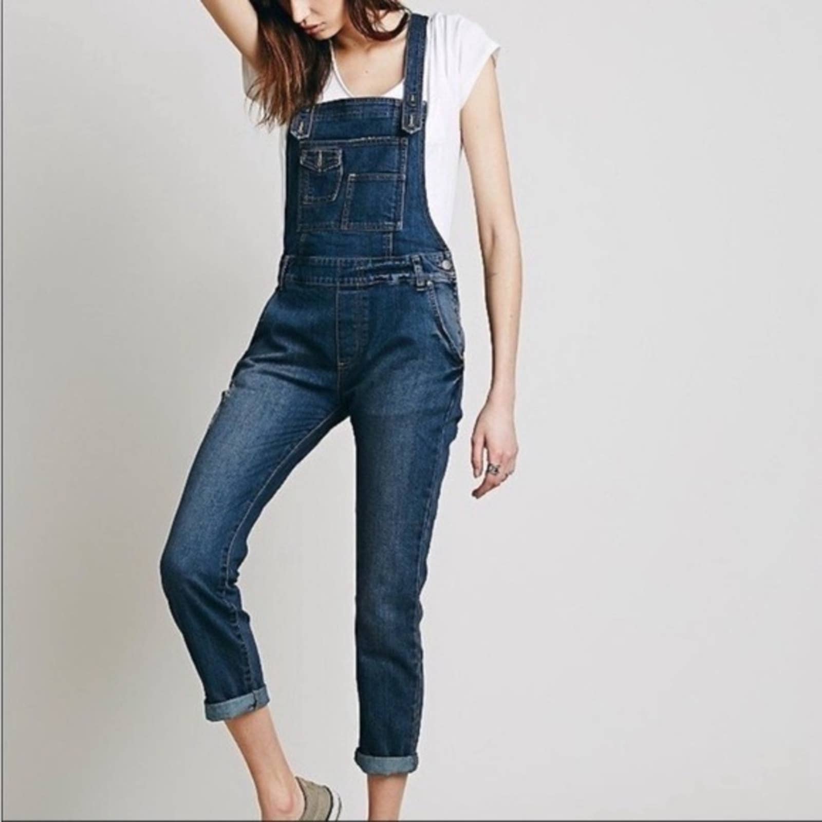 Free People Washed Distressed Denim Overalls size 29