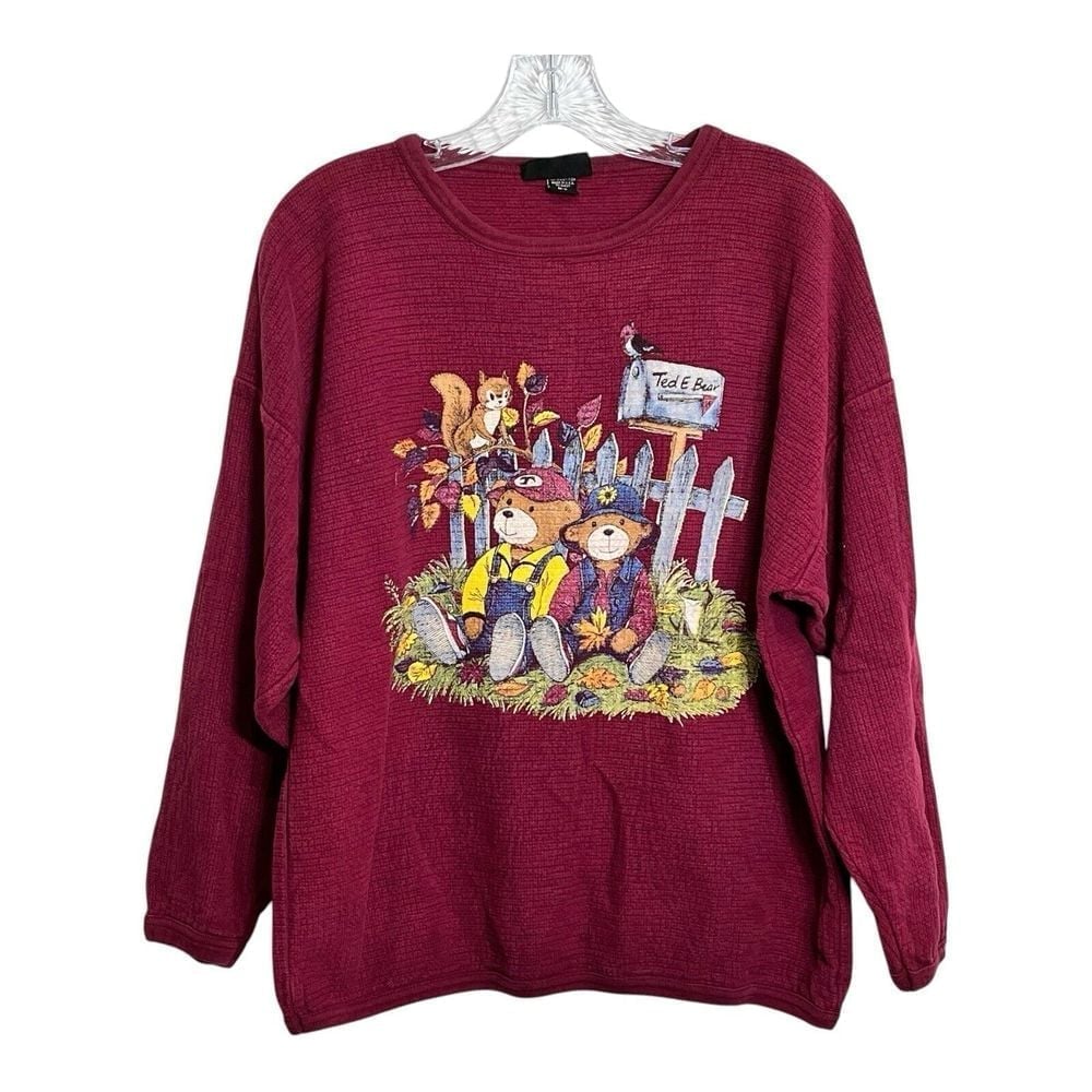 Vintage Tompkins Avenue Sweatshirt Womens Size M/L Teddy Bear Graphic Burgundy