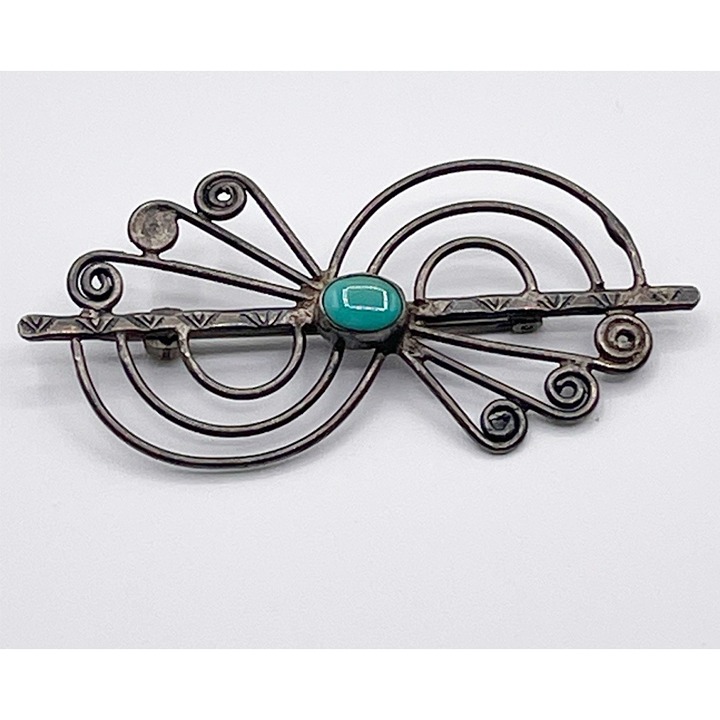 Vintage Native American 925 Sterling Silver Turquoise Swirled Brooch Pin Tarnish