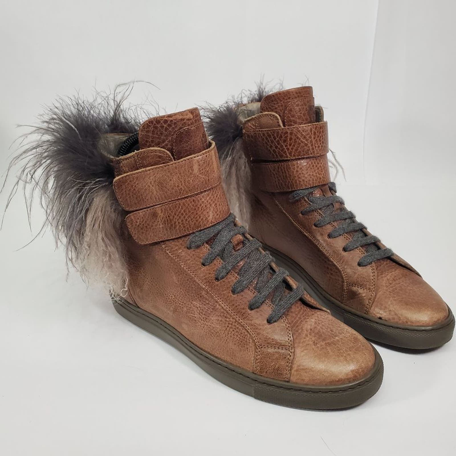 Brunello Cucinelli RARE Leather, Feather Trim Combat Boots Women's SzEU 36 US 5