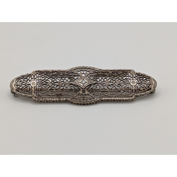 10k White Gold Diamond Filigree Brooch Pin