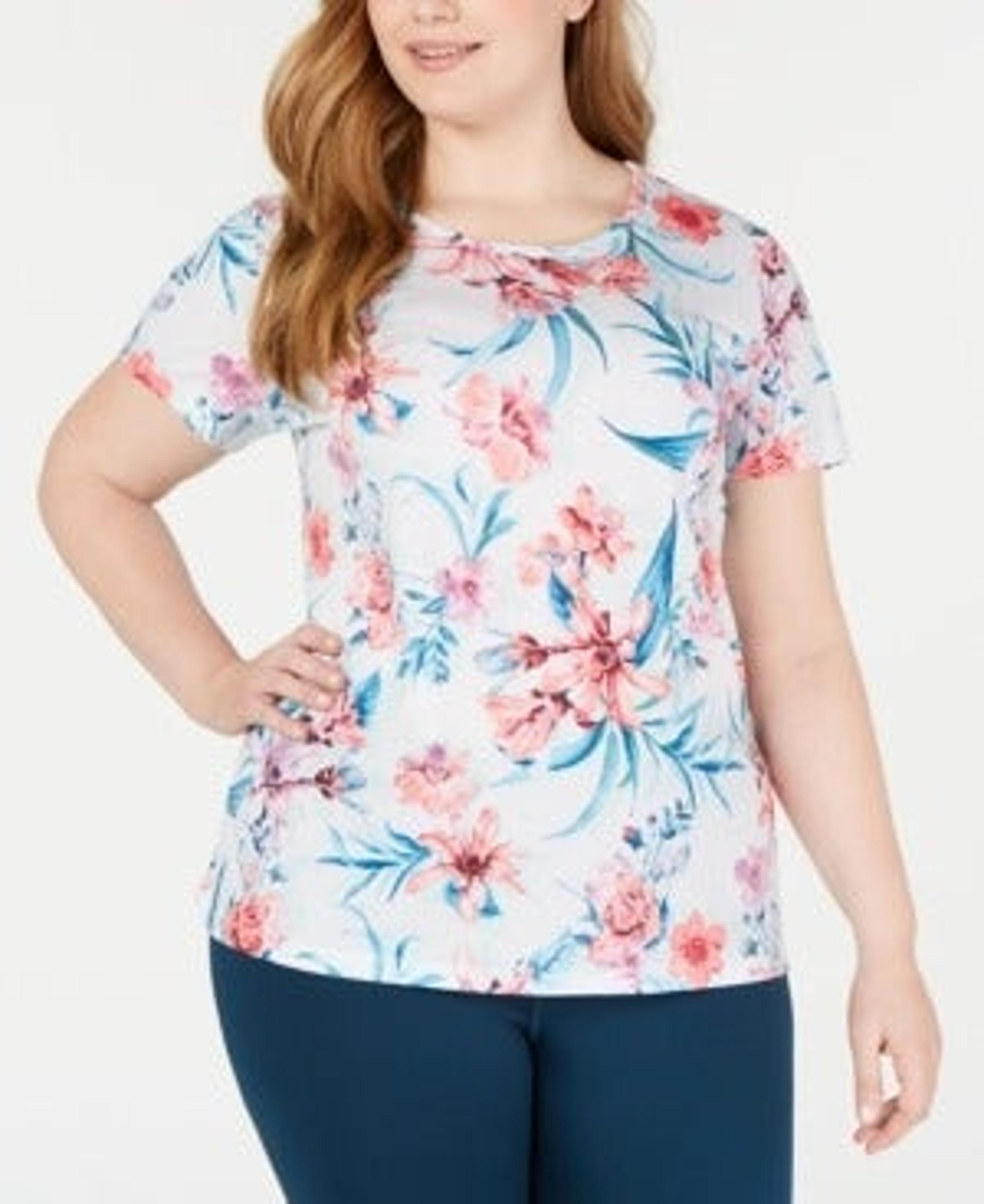 Floral-Printed Keyhole-Back T-Shirt 3X