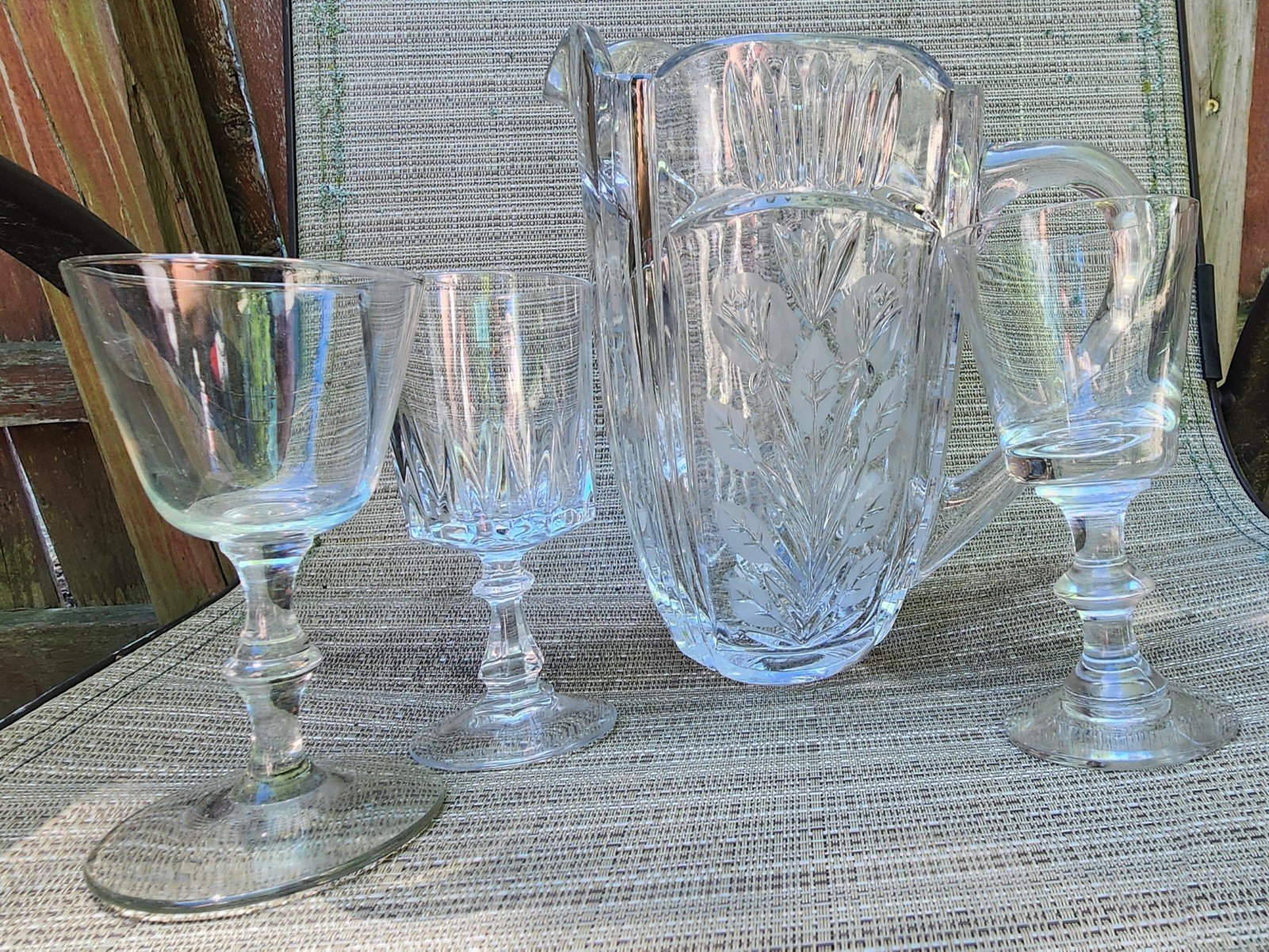 Vintage Crystal Glass Etched Poland Pitcher w/3 Vint. Glasses