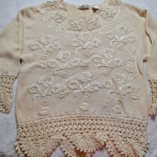 Vintage ARRIVISTE Floral Embroidered Beaded Sweater Womens Sz L Ivory Crochet