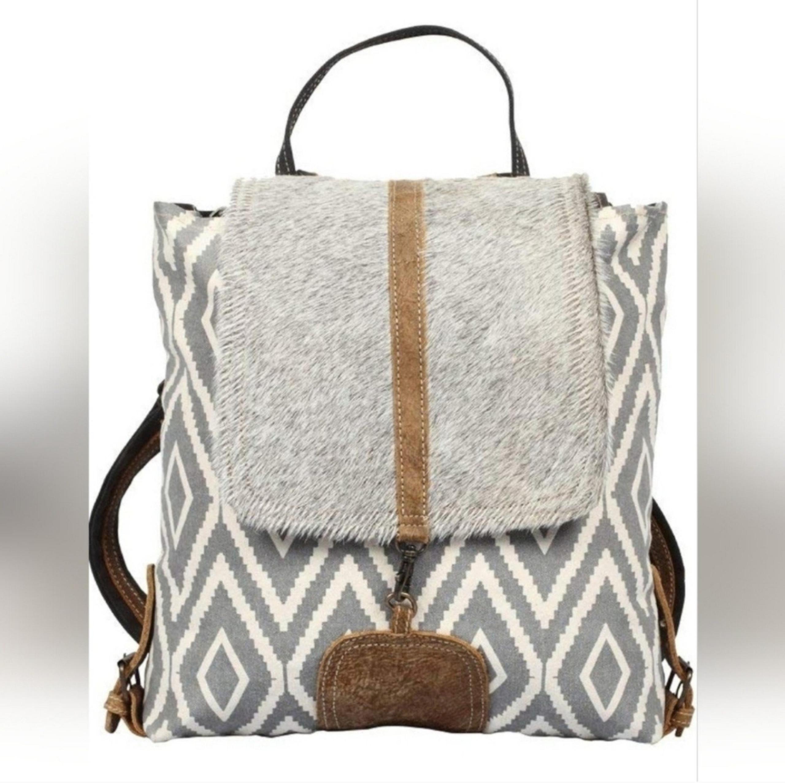 Myra Bag Artist's Impression Hairon Flapover Canvas & Leather Backpack Brand New