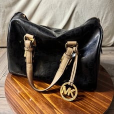 Michael Kors Grayson Mirror Black Metallic Monogram Bag Purse Satchel With Charm