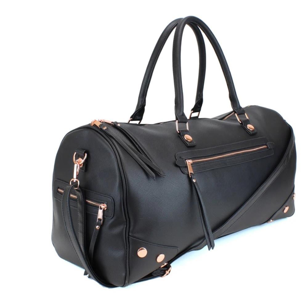 NWT Studded PU Leather Weekender Duffel Bag with Rose Gold Hardware Black