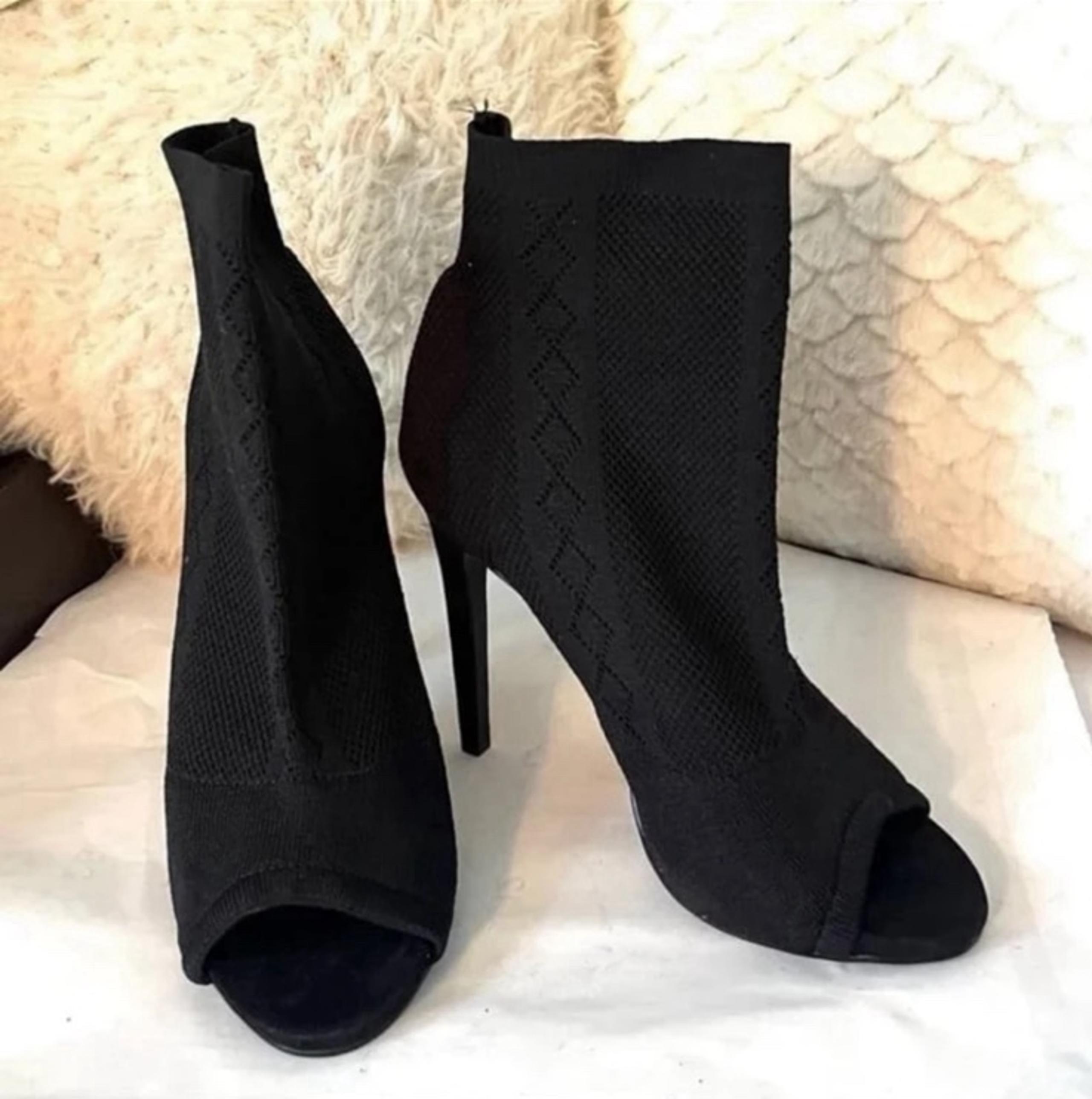 Shoe Dazzle Anka Peep Toe Sock Heels Booties Black Stretch Knit Womens 8