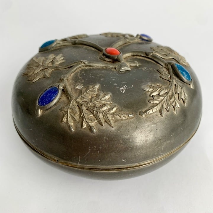 Antique Vintage Chinese Brass ? Stone Lidded Bowl 5.75 x 3 Silver