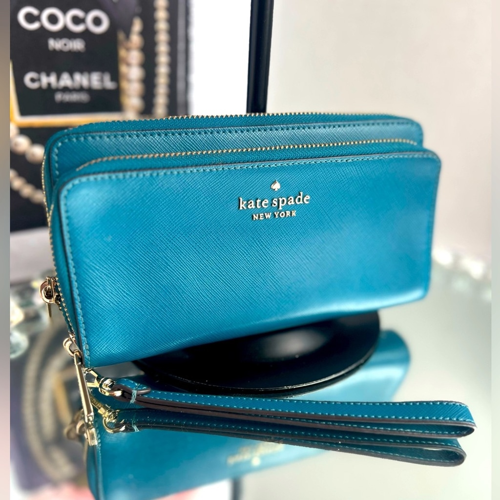 Kate Spade blue Leather Anita Patterson Drive doble zipper Wristlet Wallet