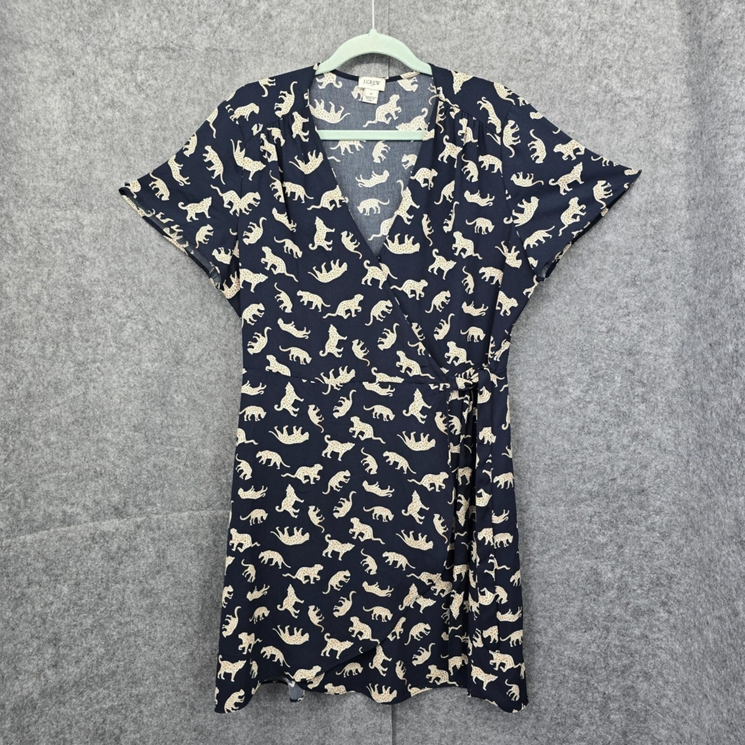 J Crew Dress Women 14 Navy Blue Cat Printed Short Sleeve Wrap Tie Beach Vacation