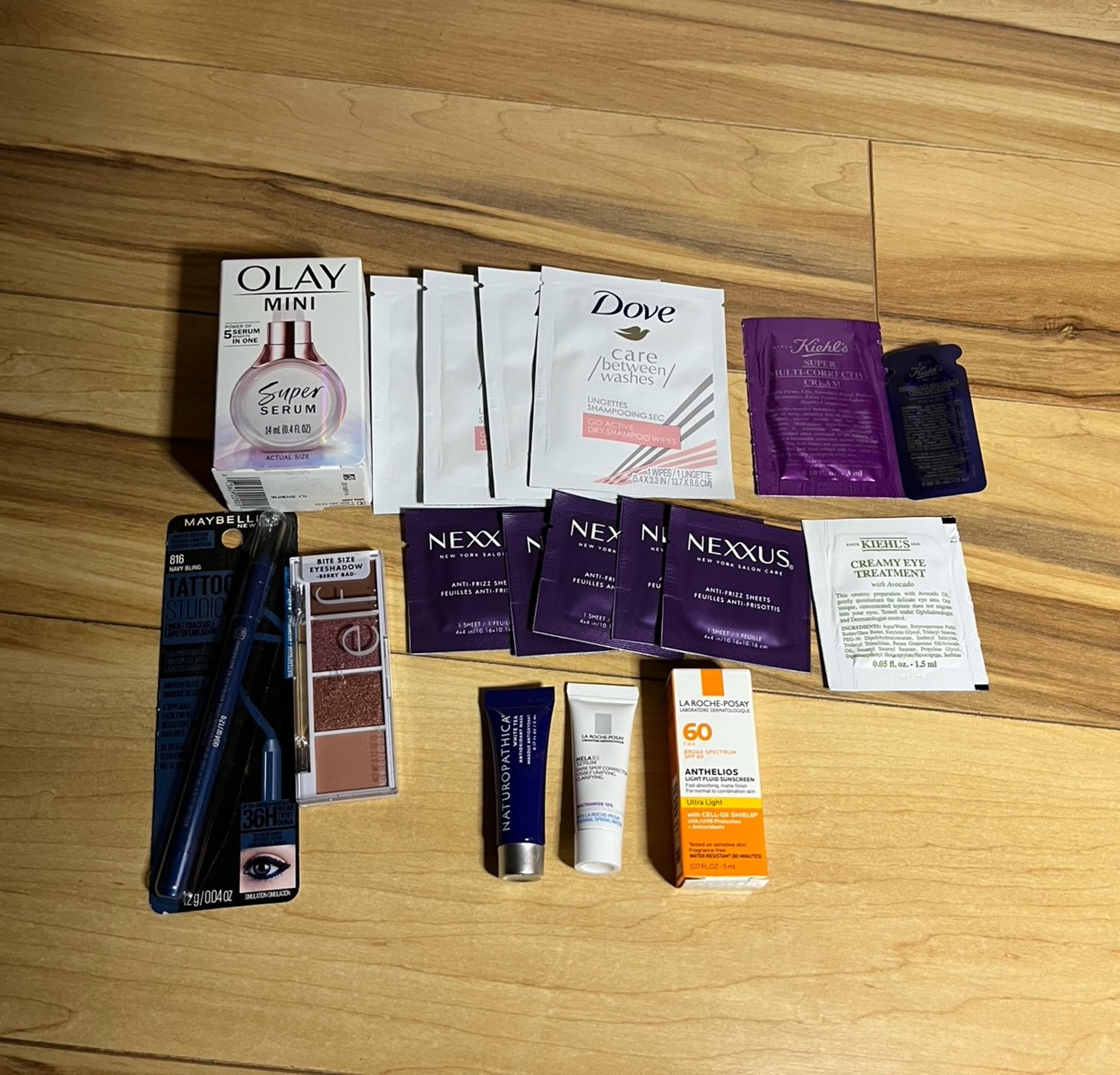 Beauty Lot Dry Shamp Wipes Nexxus anti-frizz sheets Olay Elf Kiehls LaRoch Posay