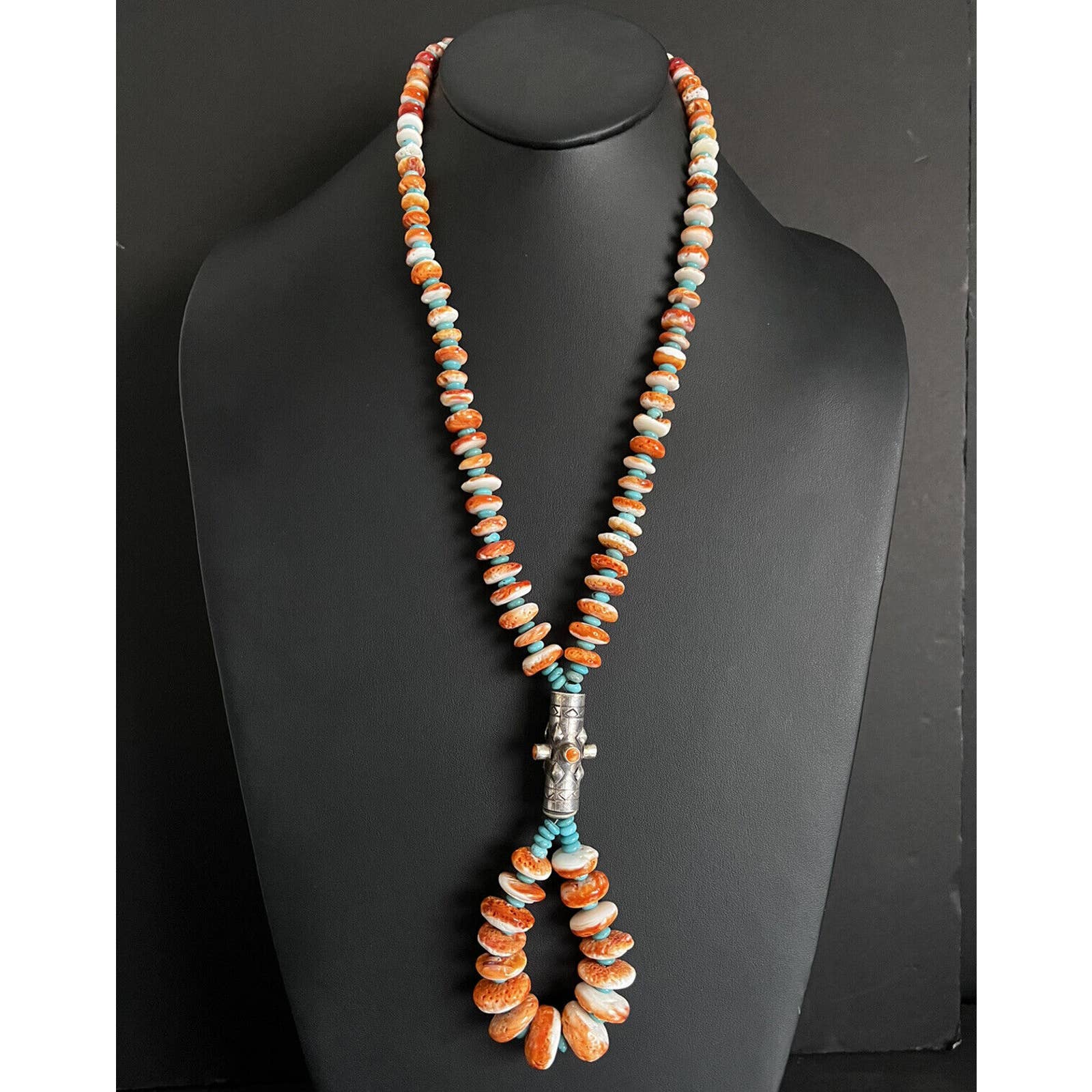 Sterling Silver Graduated Spiny Oyster Turquoise Bead Necklace 36 inch