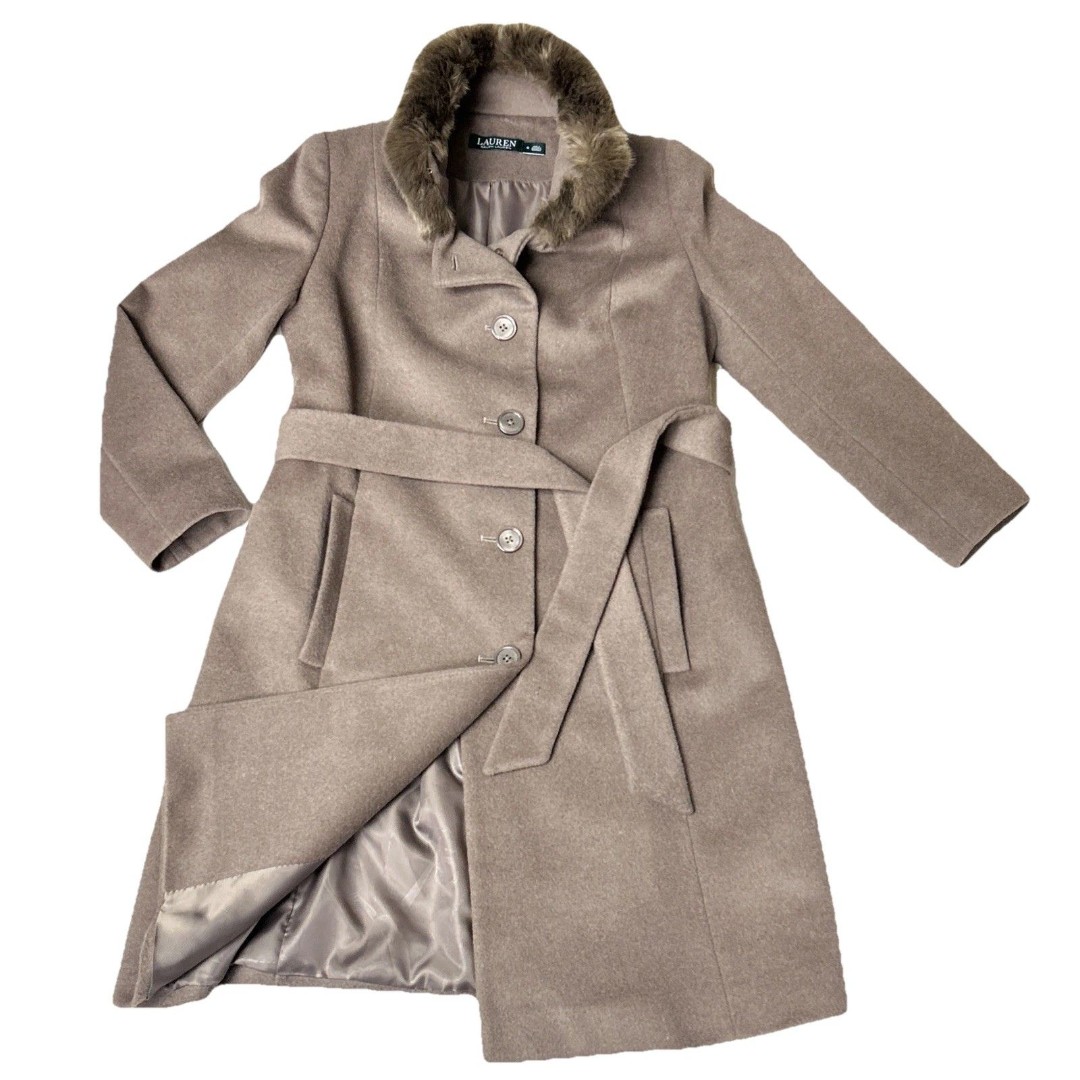 Lauren Ralph Lauren Coat Faux Fur Collar Sz 0 Brown Belted Wool Blend Fit Flare