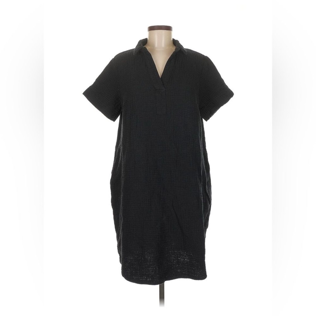 Three Dots Black Slub Cotton Gauze Popover collared shirt dress large