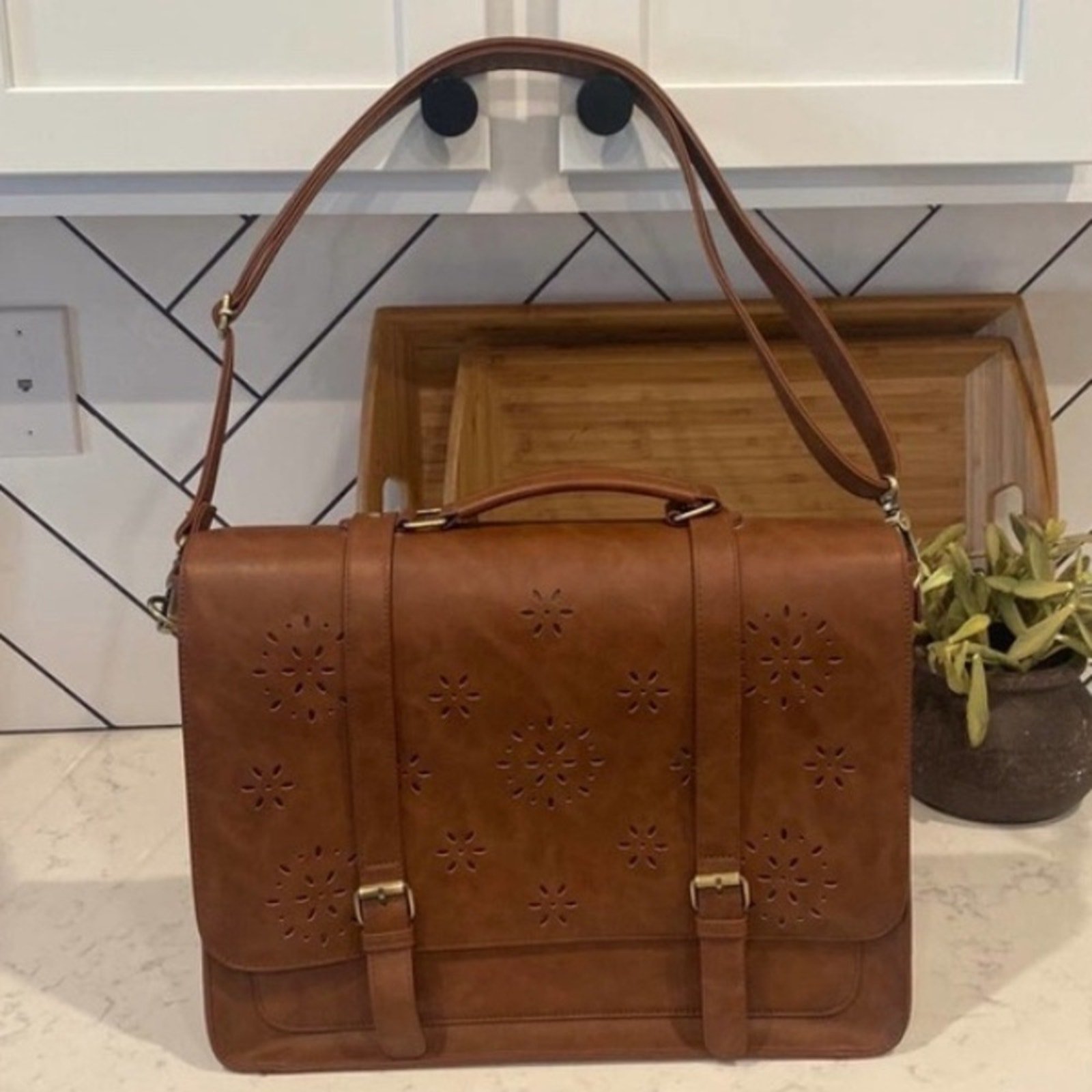 Vegan messenger laptop laser cut crossbody bag brown adjustable shoulder strap