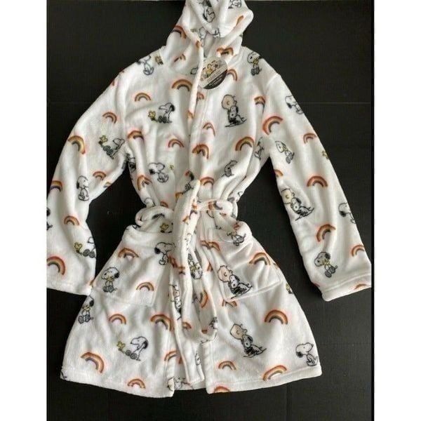 Peanuts Snoopy Hooded Robe Sz S/M Rainbow Super Soft Belt Woodstock Pride NWT