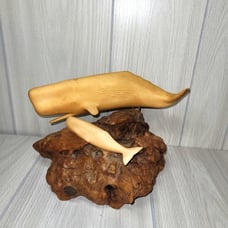 Vintage John Perry Whale Mom & Calf On Burl Wood Sculpture Figurine