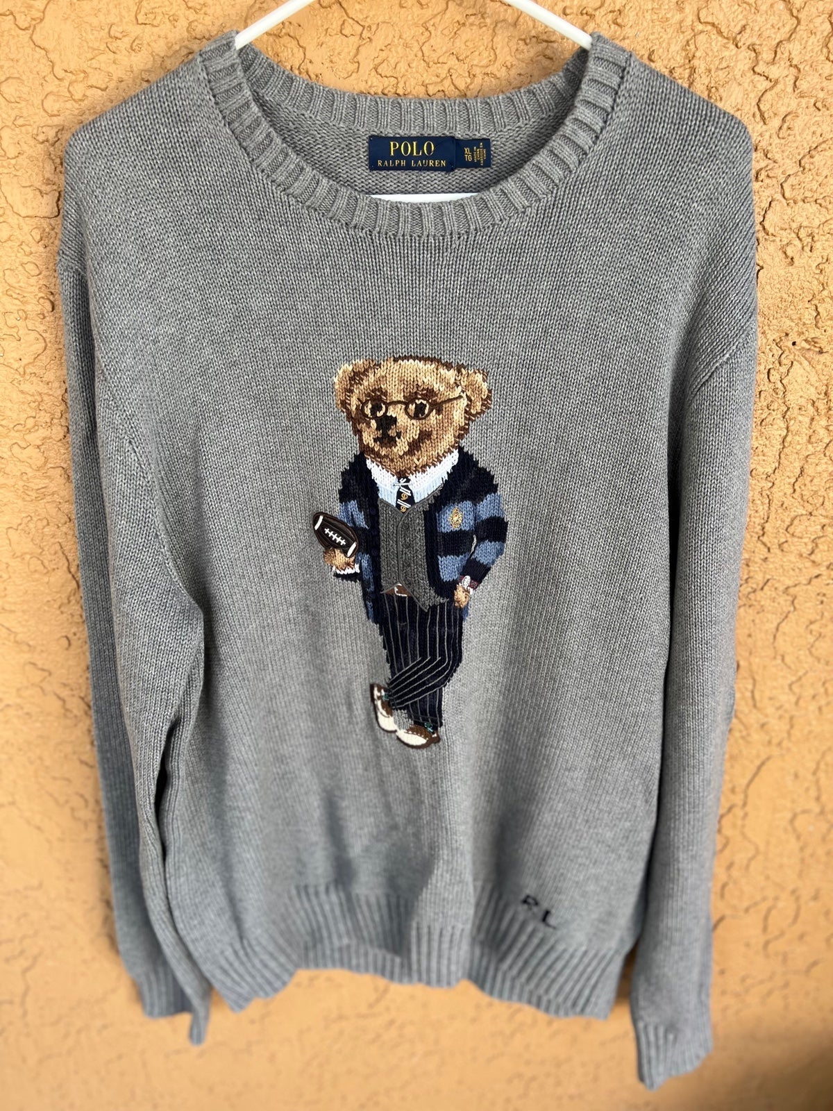 Polo Ralph Lauren Gray Football Bear Sweater Size XL