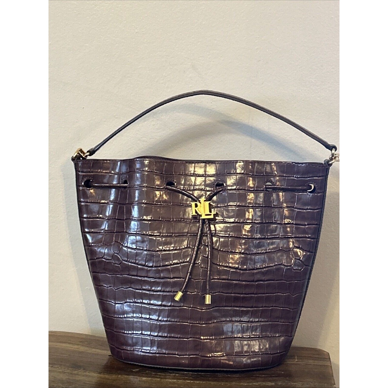 Lauren Ralph Lauren Brown Purple Embossed Andie Drawstring Bag Purse Bordeaux